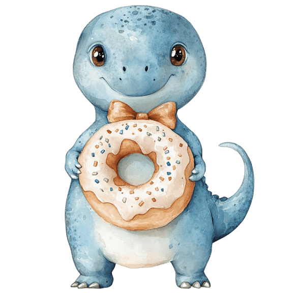 Watercolor Baby Blue Dinosaur with Donut Edible Icing Image Cake Topper, by Tnct.