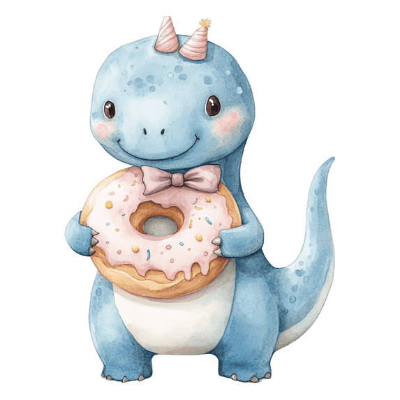 Watercolor Baby Blue Dinosaur with Pink Hat & Donut Edible Icing Image Cake Topper, by Tnct.