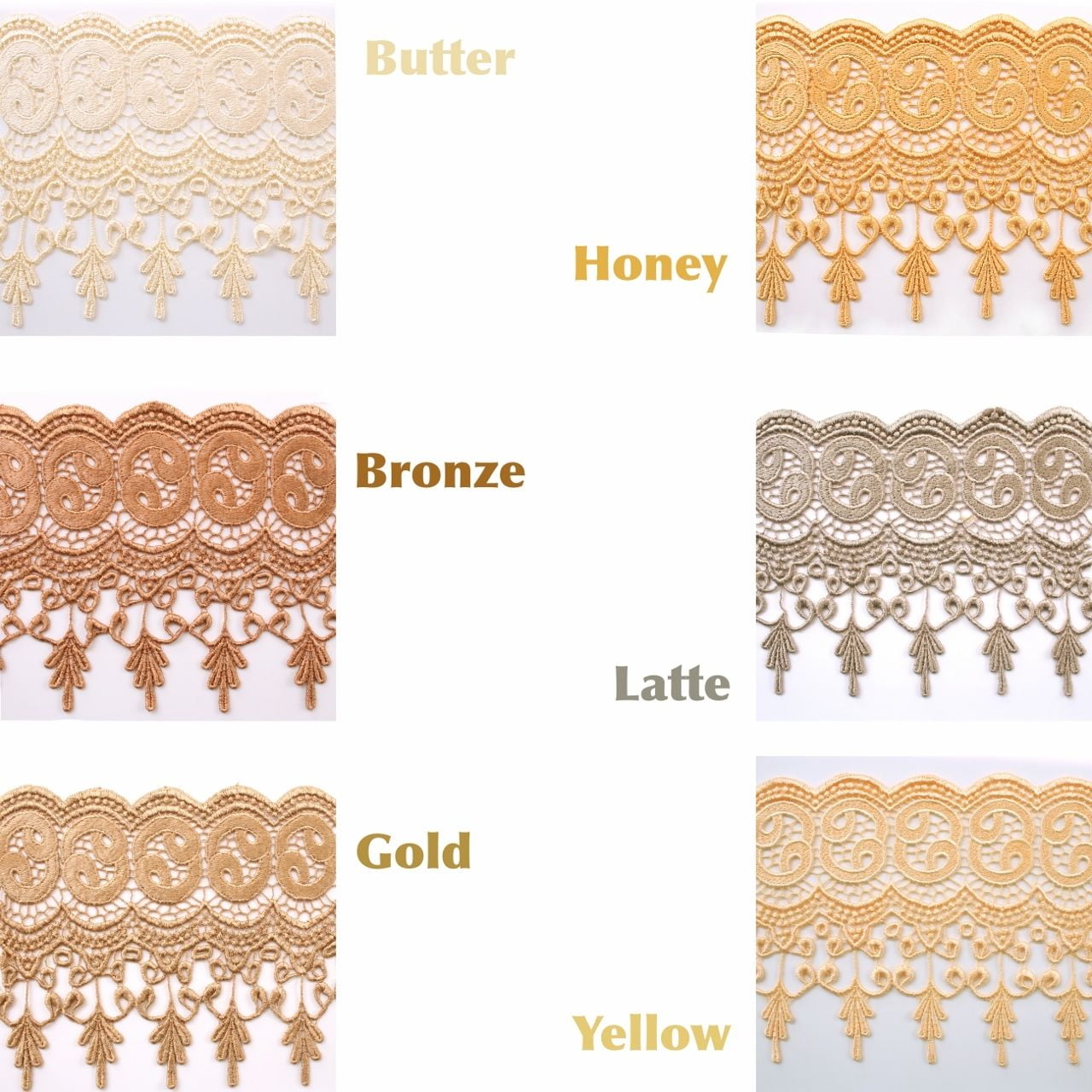 7.5" Shades of Gold Yellow Brown Wide Colored Venice Lace Trim Guipure By Yard