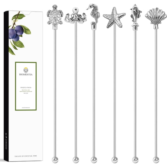 7.5" Stainless Steel Cocktail Stirrers with Cute Animal Design, Set of 6 Reusable Swizzle Sticks for Coffee, Martini, Drinks - Dishwasher Safe Metal Bar Tools Stir Sticks