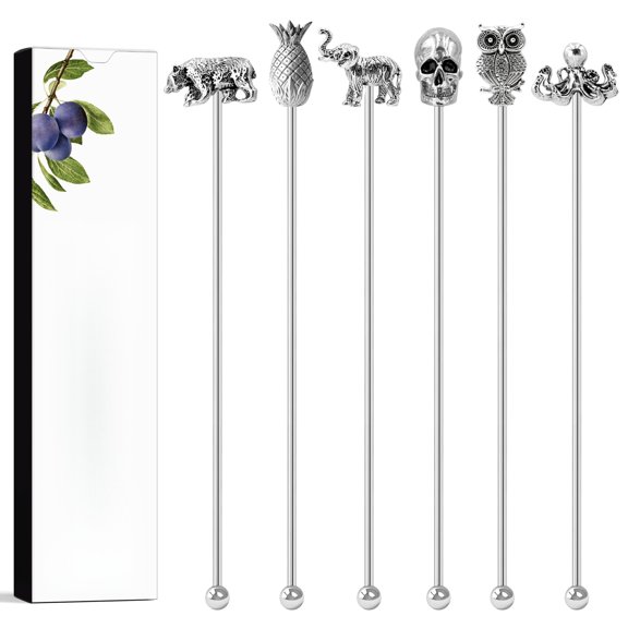 7.5" Stainless Steel Cocktail Stirrers with Cute Animal Design, Set of 6 Reusable Swizzle Sticks for Coffee, Martini, Drinks - Dishwasher Safe Metal Bar Tools Stir Sticks