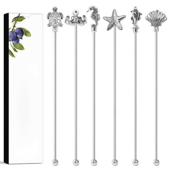 7.5" Stainless Steel Cocktail Stirrers with Cute Animal Design, Set of 6 Reusable Swizzle Sticks for Coffee, Martini, Drinks - Dishwasher Safe Metal Bar Tools Stir Sticks