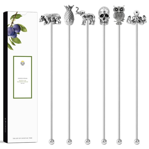 7.5" Stainless Steel Cocktail Stirrers Set Of 6 Reusable Swizzle Sticks With Fun Animal Design For Drinks Coffee Martini - Dishwasher Safe Eco Friendly Bar Tools