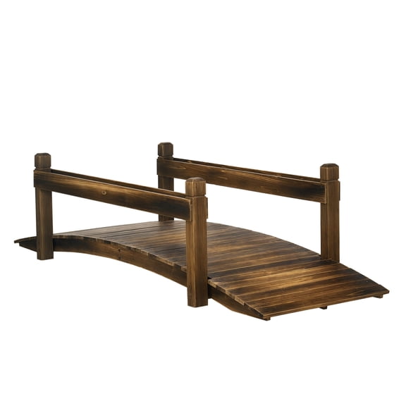 7.5' Wooden Garden Bridge with Planters, Stained Fir Wood Arc Footbridge - Backyard Pond Decor