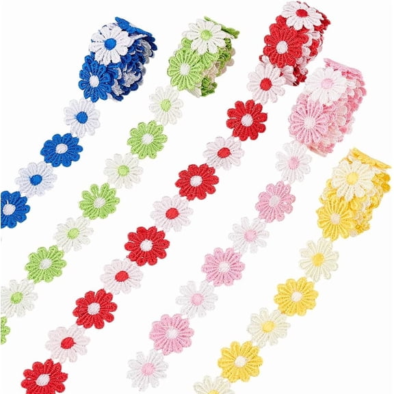 7.5 Yards 5 Colors Daisy Flower Lace Trim Ribbon 1 inch Floral Ribbon Embroidered Lace Fabric Edge Trim Floral Applique