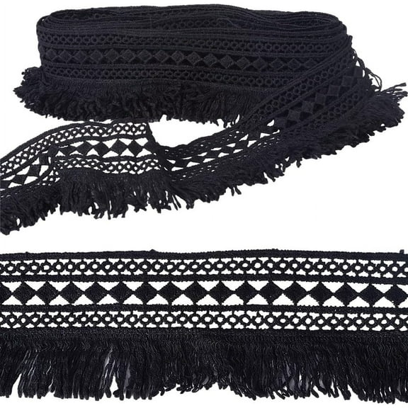 7.5 Yards Polyester Fringe Tassel Trim Rhombus Pattern for Curtain Costume Accessories Black 60~65x1mm