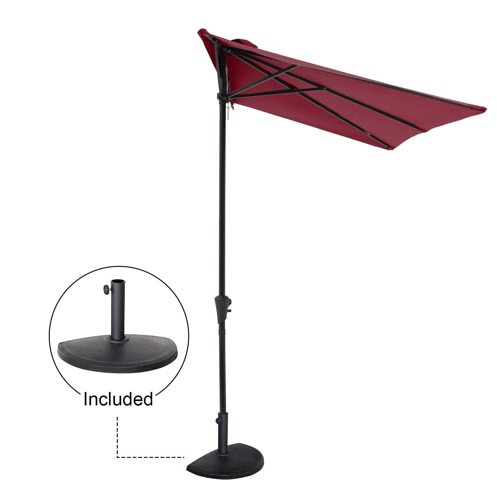 7.5’by 4’ Patio Umbrella with Outdoor Umbrella Base, Half Rectangular Outdoor Umbrella with Crank, Heavy-Duty Resin Patio Umbrella Base Included, Burgundy