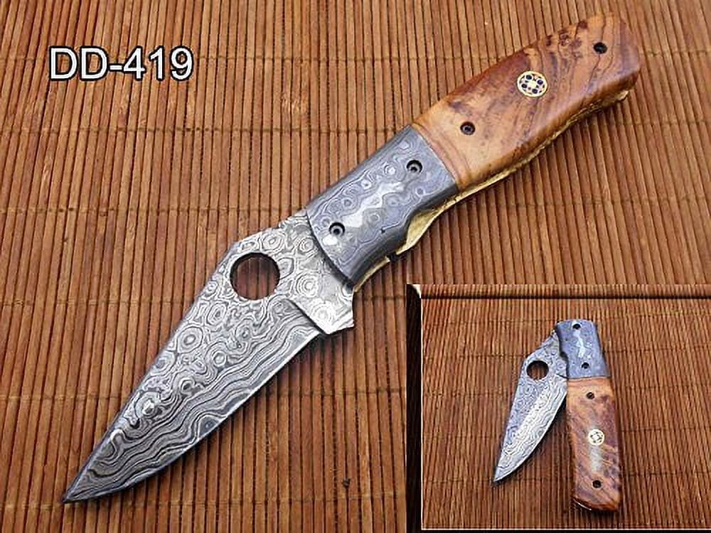 7.5" folding knife Damascus steel blade with finger hole, Rose wood scale with Damascus Bolster, Equipped with Liner lock, comes with Cow hide Leather sheath