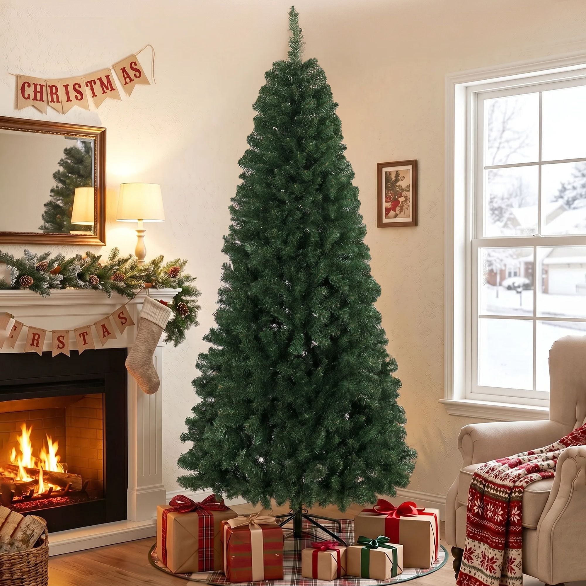 7.5 ft Artificial Christmas Tree, Norway Spruce with 1388 Branch Tips, Hinged Setup, Flame-Retardant, Metal Stand, 45 in Wide, for Living Room and Entryway
