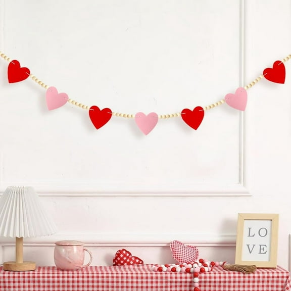 7.5 ft Felt Heart Wooden Beads Garland, Valentine's Day Hanging Decorations,Red Pink Felt Heart Shape Garland,Romantic Valentines Day Banner Ornament for Valentine and Mothers Day Decorations