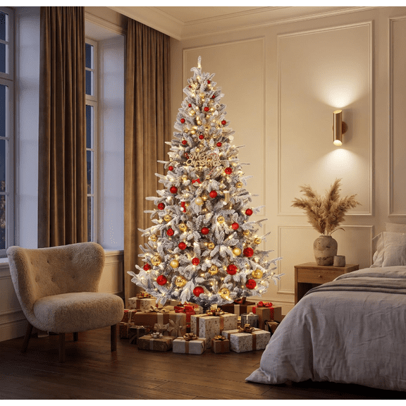 7.5 ft Heavy Flocked Pre-Lit Artificial Christmas Tree, 1026 PVC Branch Tips, 400 Warm White Lights, 3-Section Trunk, Foldable Metal Base, No-Tool Setup