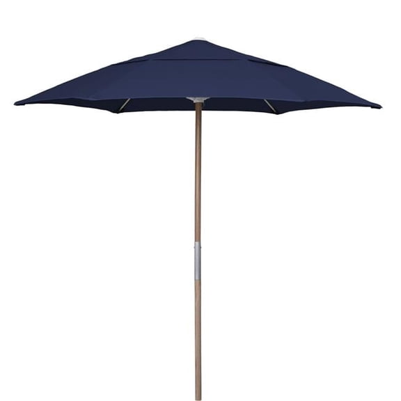 7.5 ft. Hex Beach Umbrella 6 Rib Push Up Natural Oak with Navy Blue Spun Poly Canopy
