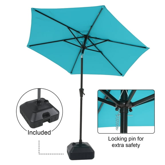 7.5 ft Patio Umbrella with Patio Market Umbrella Base, Outdoor Table Umbrella with Water/Sand Self-Filled Base, Push Button Tilt/Crank, 6 Ribs, Turquoise