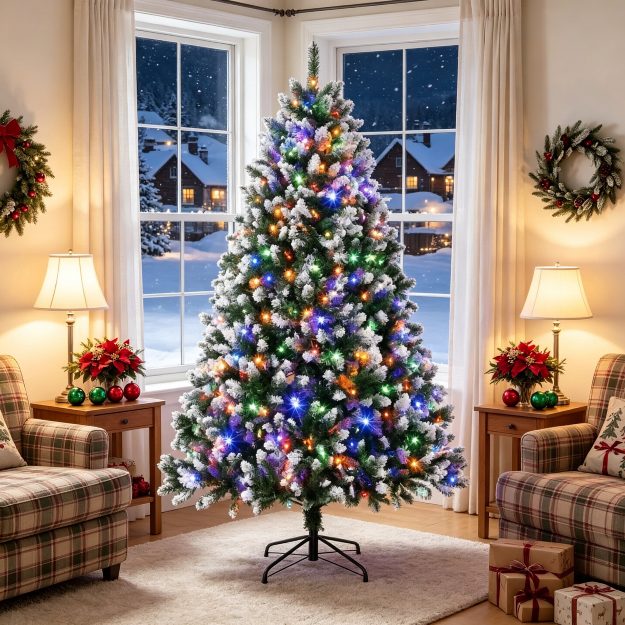 7.5 ft Pre-Lit Artificial Christmas Tree with 400 Dual-Color LED Lights, 1378 PVC Tips, Hinged Branches and Remote Control