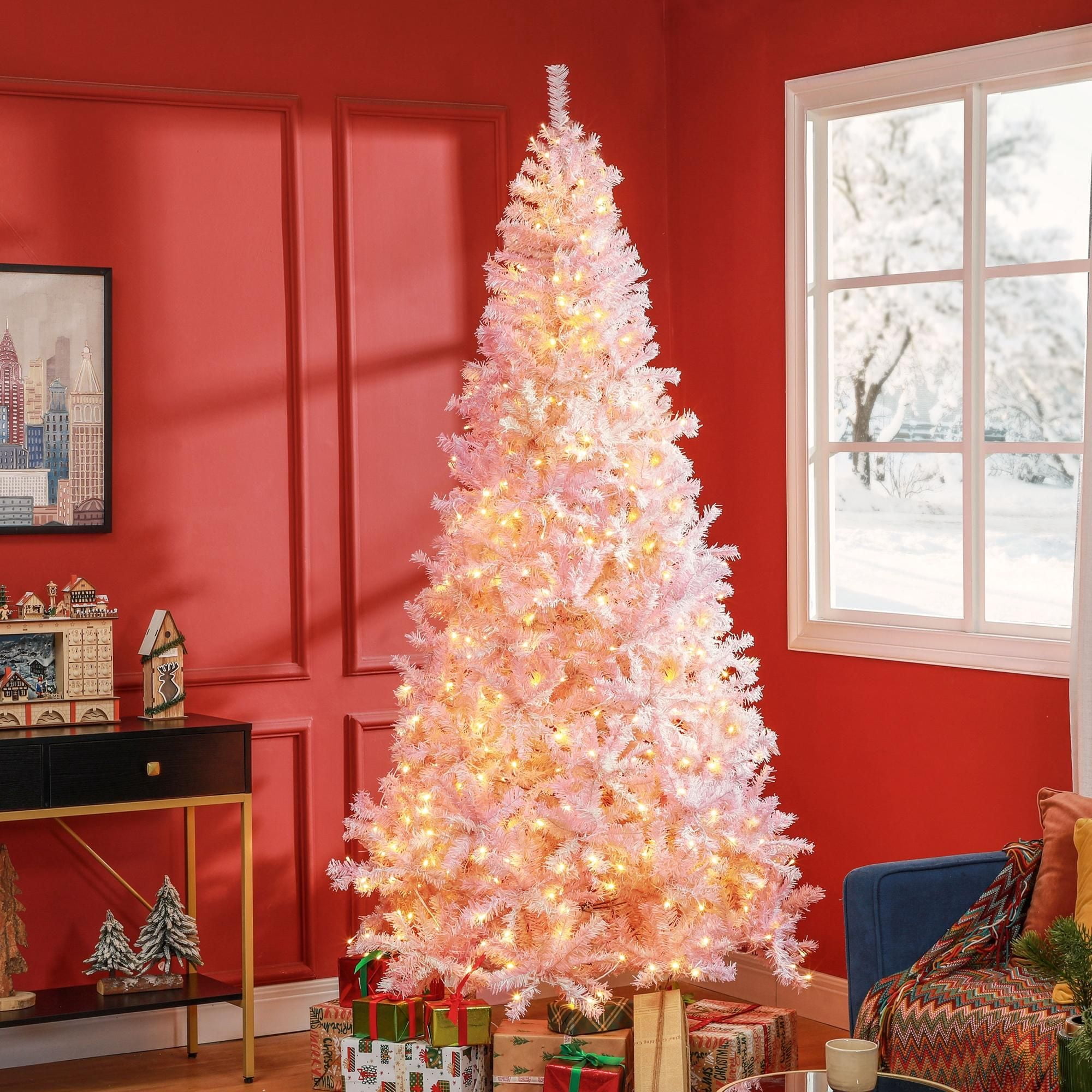 7.5 ft Pre-Lit Artificial Christmas Tree with 500 Warm White LED Lights and 1346 Tips, Hinged Sections, Metal Base, Indoor Holiday Decoration