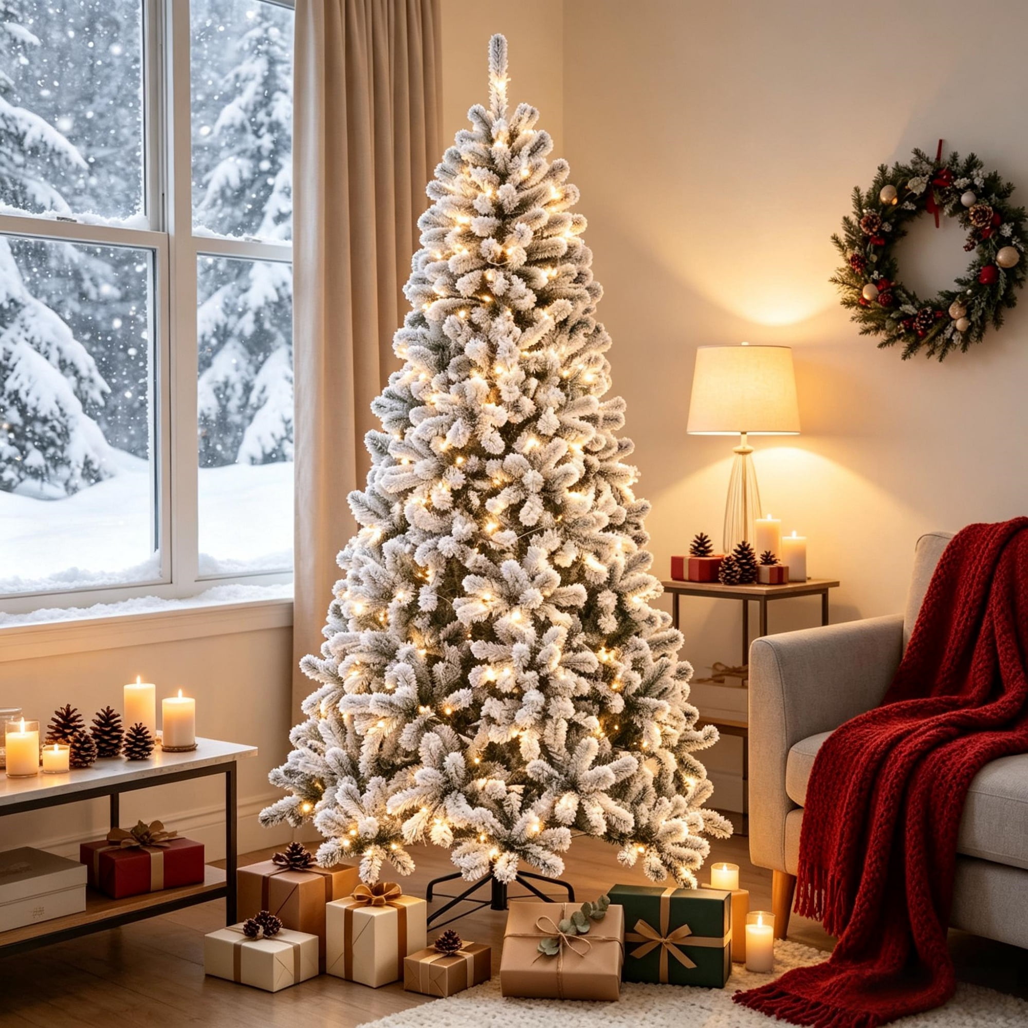 7.5 ft Pre-Lit Flocked Artificial Christmas Tree with 350 Warm White LEDs, 1201 Tips, PVC Foliage and Steel Stand for Indoor Holiday Decor