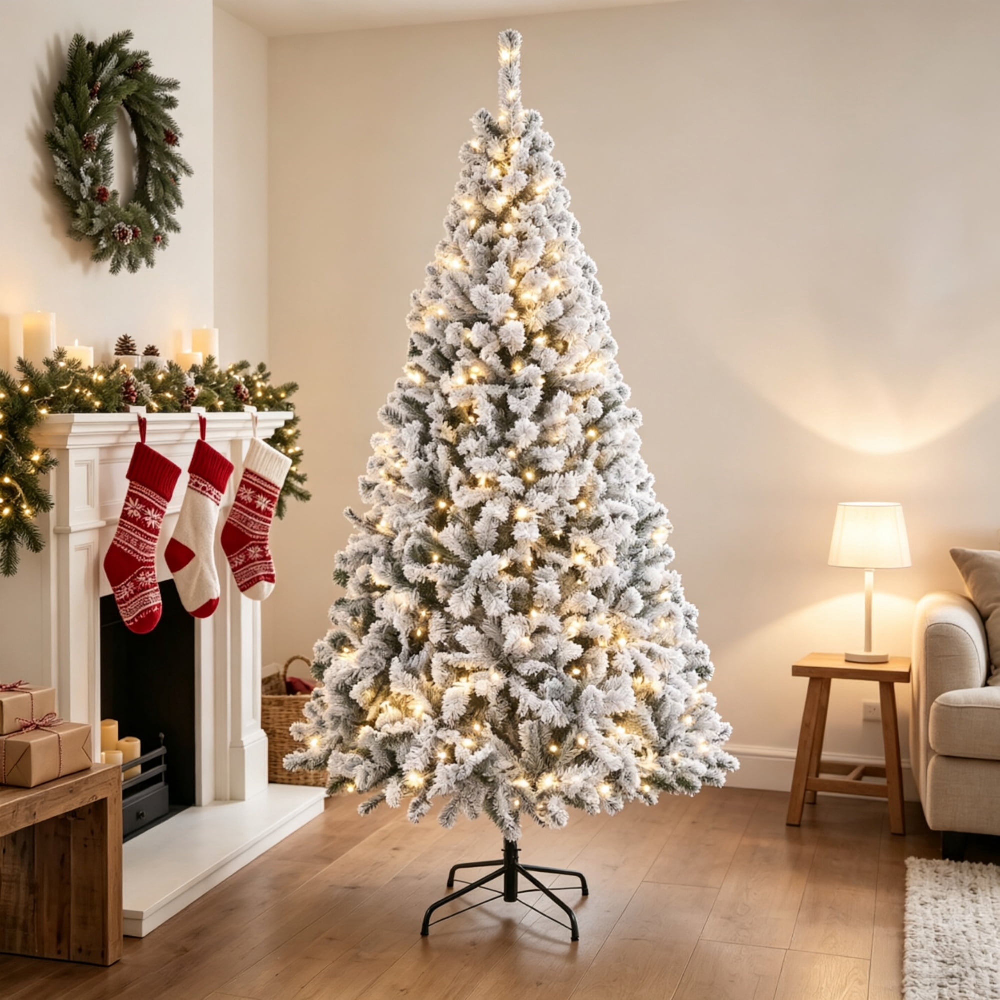 7.5 ft Pre-Lit Flocked Artificial Christmas Tree with 400 Warm White Lights, Hinged Branches, Foldable Metal Stand, 1189 Tips