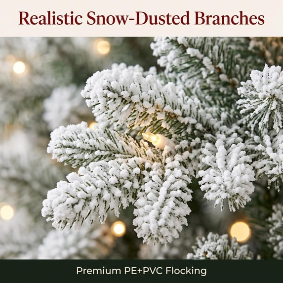 7.5 ft Pre Lit Flocked Christmas Tree, PE and PVC Foliage, Snowy White ...