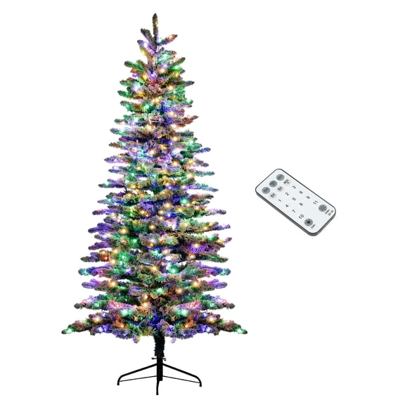 7.5 ft Pre-Lit Snow Flocked Artificial Christmas Tree with 500 LED Lights, Hinged Mountain Pine Tree for Holiday Party Decoration, Green
