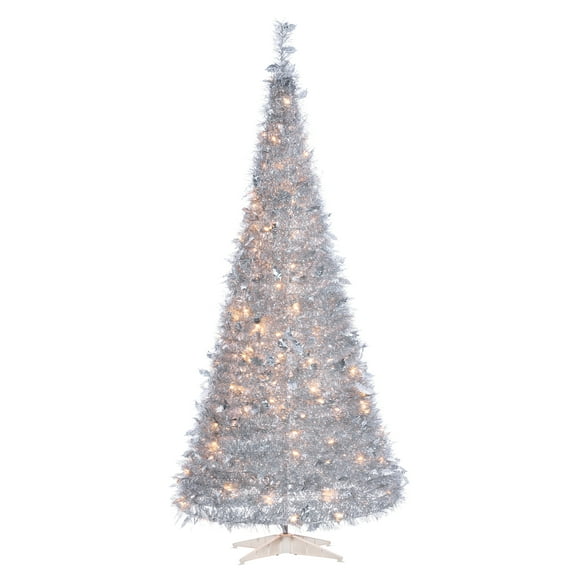 7.5 ft. Pre Lit Warm White LED Pop Up Silver Tinsel Tree