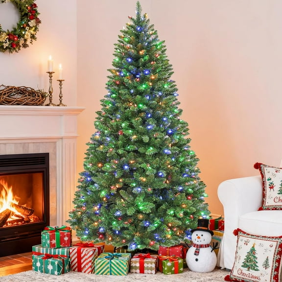 7.5 ft Prelit Christmas Tree, Artificial Christmas Tree with 450 Color Changing LED Lights, 1450 Tips, Metal Stand and Hinged Branches, 10 Color Modes
