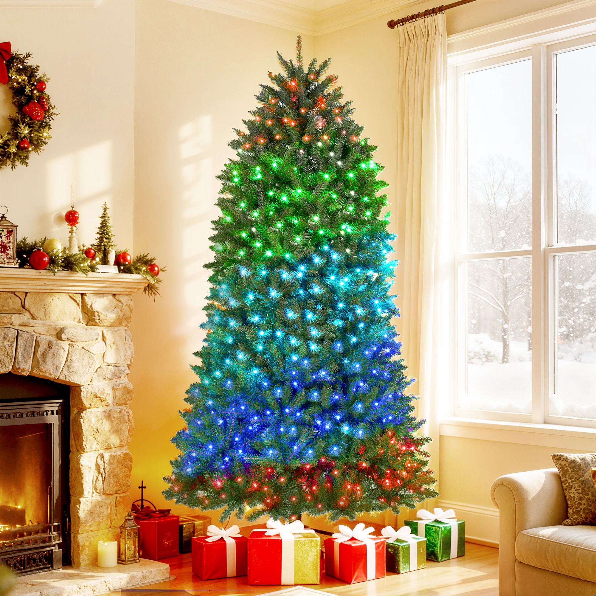 7.5 ft Prelit Christmas Tree with 698 Full-Spectrum LEDs, 2247 Tips, Smart App Control, Hinged Design, Indoor Holiday Decoration