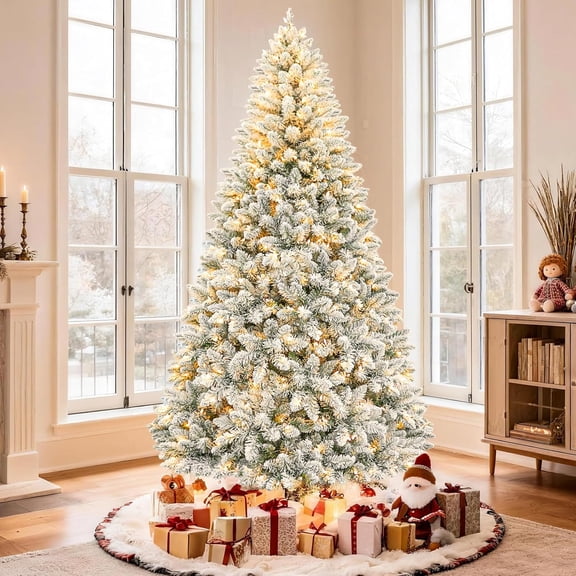 7.5 ft Snow Flocked Christmas Tree, Artificial Christmas Tree with 450 Warm White Lights, 1446 Tips, Metal Stand and Hinged Branches