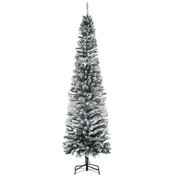 7.5 ft Snow Flocked Slim Artificial Christmas Tree with Realistic Branches, 738 Tips, Unlit Green PVC Tree for Small Spaces
