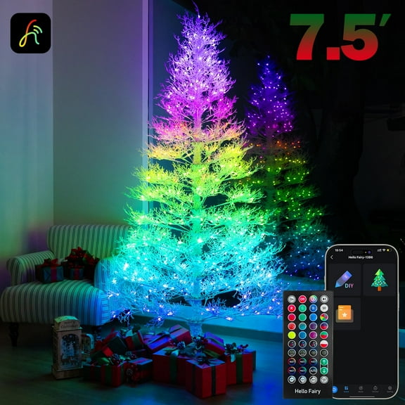 7.5-ft White Coral-shaped Branches Artificial Christmas Tree with Smart Programmable Multicolor Changing Fairy Lights App-Controlled