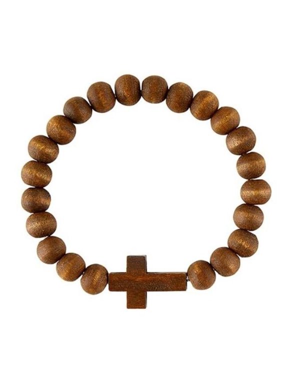 7.5 in. Wood Bead with Cross-Stretch Bracelet, Brown