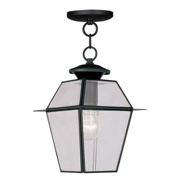 7.5 inch 1 Light Black Outdoor Chain Lantern Pendant Lighting Fixture with Clear Beveled Glass Shade backed with Hand Crafted Solid Brass material for patio, front porch, entryway and more
