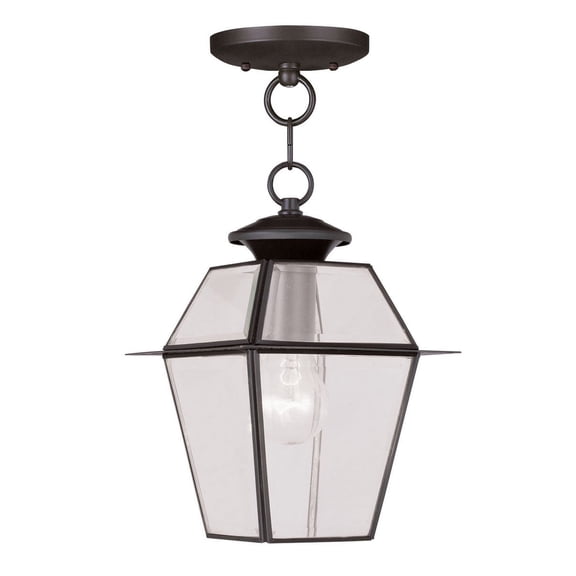 7.5 inch 1 Light Bronze Outdoor Chain Lantern Pendant Lighting Fixture with Clear Beveled Glass Shade backed with Hand Crafted Solid Brass material for patio, front porch, entryway and more