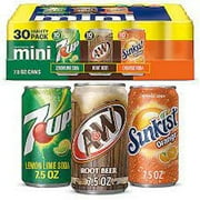 7.5 oz MINI CANS Variety Pack 30 Cans, 10 7UP, 10 A&W Root Beer, 10 Sunkist Orange