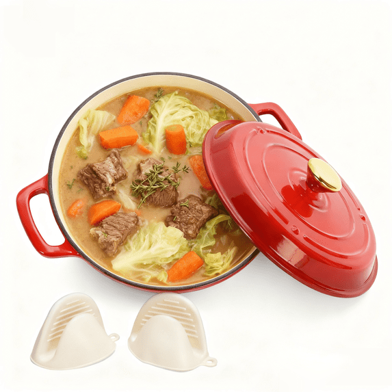 cast iron Dutch oven, oval shape enameled cast iron dutch oven, with lid and two handles, kitchen set for stewing, baking, soups, and breads, red
