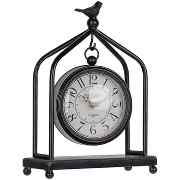 7.5'' x 10'' Mantel Clock Iron Tower Frame, Creative Bird Ornament Tabletop Clock, Silent Clock with Hollow Carved Back Cover for Home Decor, Black$$