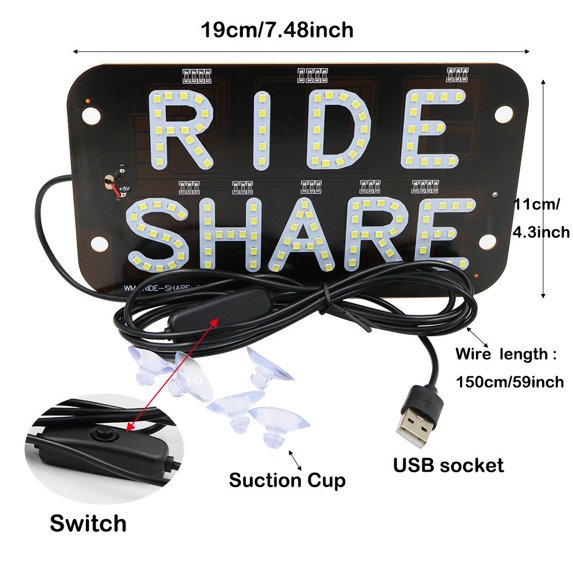7.5" x 4.5" Windshield LED Car Sign RGB Light Display for Ride Drivers USB-Powered with 4 Suction Cups Bright Text Sign for Taxi