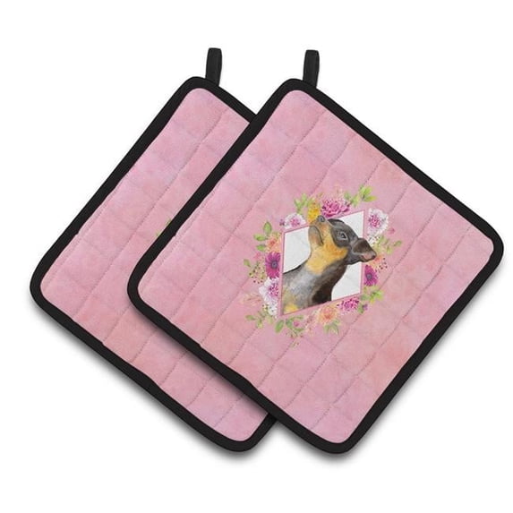 7.5 x 7.5 in. Black Miniature Pinscher Pink Flowers Pair of Pot Holders