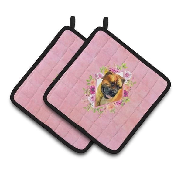 7.5 x 7.5 in. Borboel Mastiff Pink Flowers Pair of Pot Holders