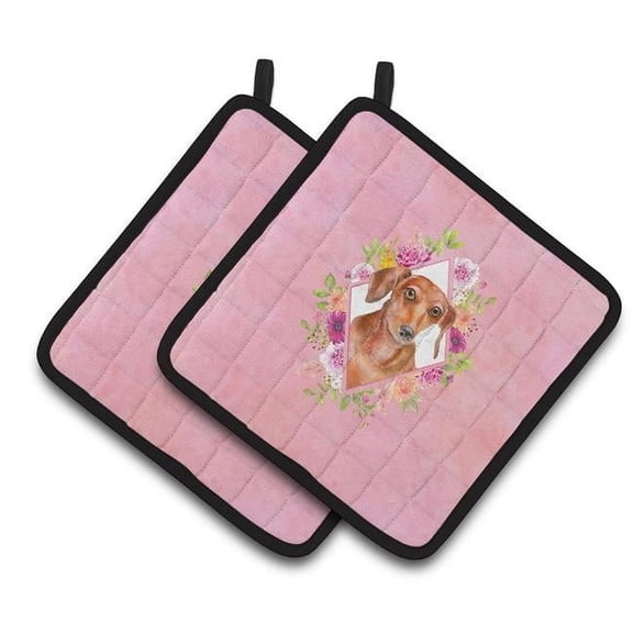 7.5 x 7.5 in. Dachshund Red No.2 Pink Flowers Pair of Pot Holders