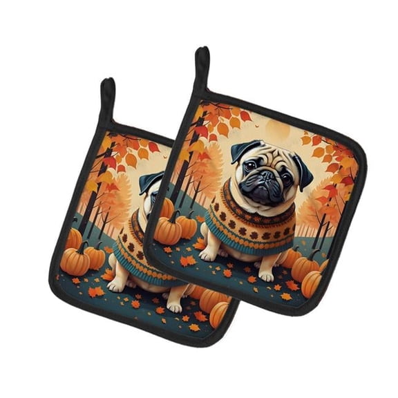 7.5 x 7.5 in. Unisex Fawn Pug Fall Pair of Pot Holders