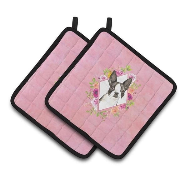 7.5 x 7.5 in. White Standard Poodle Pink Flowers Pair of Pot Holders