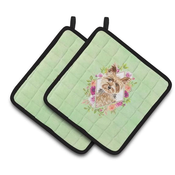 7.5 x 7.5 in. Yorkie Green Flowers Pair of Pot Holders