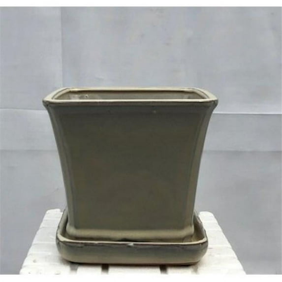 7.5 x 7.5 x 7 in. Beige Ceramic Bonsai Pot with Attached Humidity & Drip Tray, Square