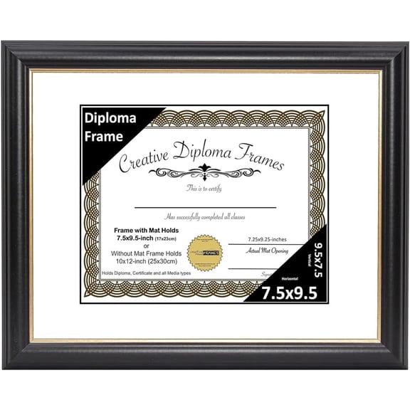 7.5" x 9.5" Rockefeller Black w/Gold Rim Diploma Frame, Displays 7.5" x 9.5" Certificate or 10" x 12" Document w/o Mat, College Degree Frame, Full-Strength Glass, White Mat