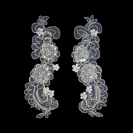 7.5"x2.75" Ivory Bridal Beaded Sequins Embroidery Motif Applique by Pair