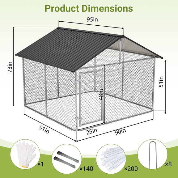 7.5'x7.5' Outdoor Heavy Duty Dog Kennel for Large Dogs, Rust-Proof Coated Wire Mesh Dog Cage with Sturdy Metal Roof, Secure Lock & All Weather Metal Enclosure