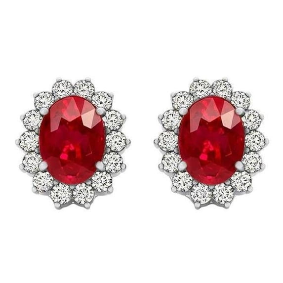 7.50 CT Oval Ruby with Round Diamonds Stud Earrings, 14K White Gold