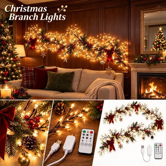7.55FT 144LED Brown USB Tree Branch Lights for Wall with USB Plug Enchanted Willow Vine Lights for Bedroom Doors Wedding, Christmas with Remote Timer,8 Light Modes
