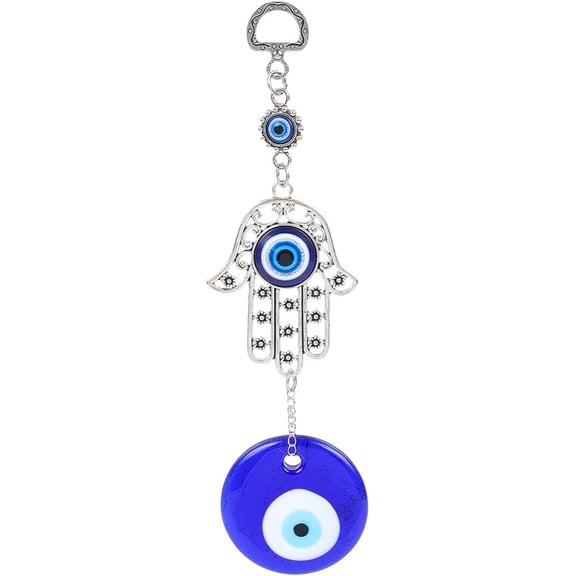 7.56" Amulet Pendant Hamsa Hand Car Hanging Ornament Decorations Blue Lucky Protection Silver Alloy Beaded Rhinestone Handmade for Car Rear View Mirror Balcony Charms Wall Bags Decor Blue