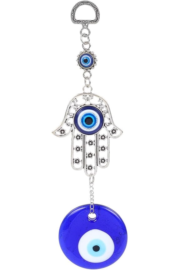 7.56" Amulet Pendant Hamsa Hand Car Hanging Ornament Decorations Blue Lucky Protection Silver Alloy Beaded Rhinestone Handmade